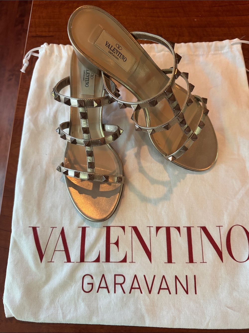 Valentino Garavani Caged Metallic Gold Rockstud Strappy Heels